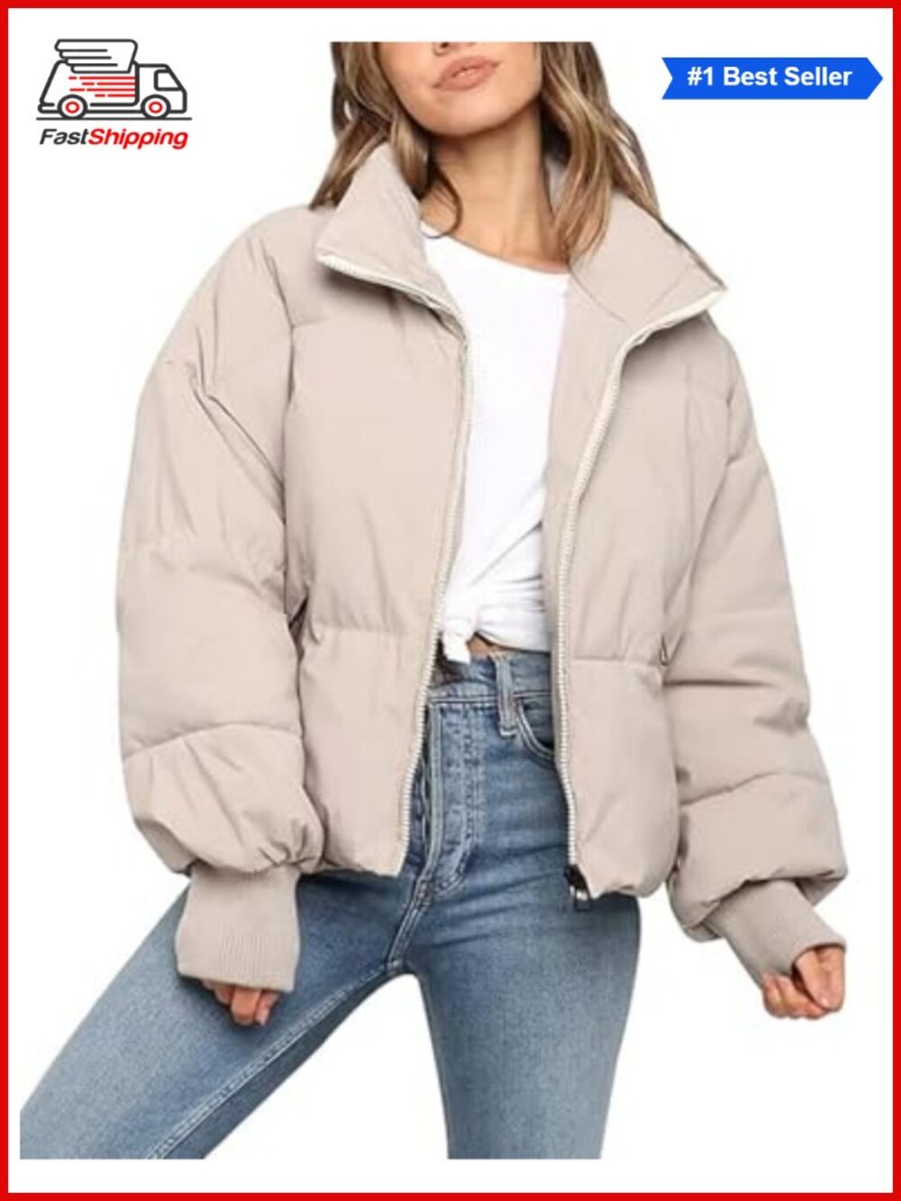 ✨Gihuo Women's Cropped Puffer Jacket Quilted Zip Front Winter Coat Loose Fit
